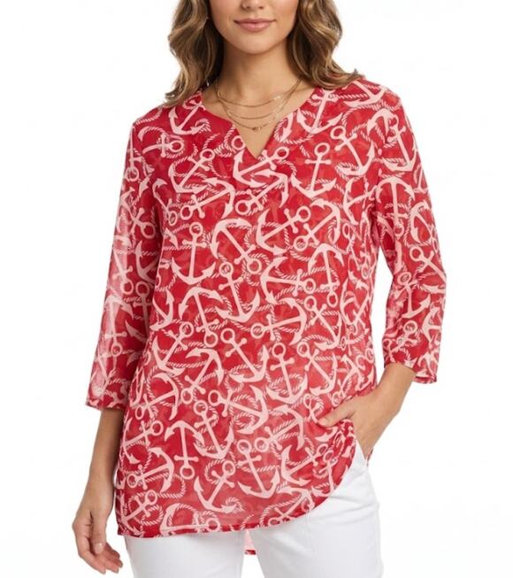 indigo soul Tops - INDIGO SOUL Tunic Top V-Neck 3/4 Sleeve Cover-Up Anchor Print Red White Womens L